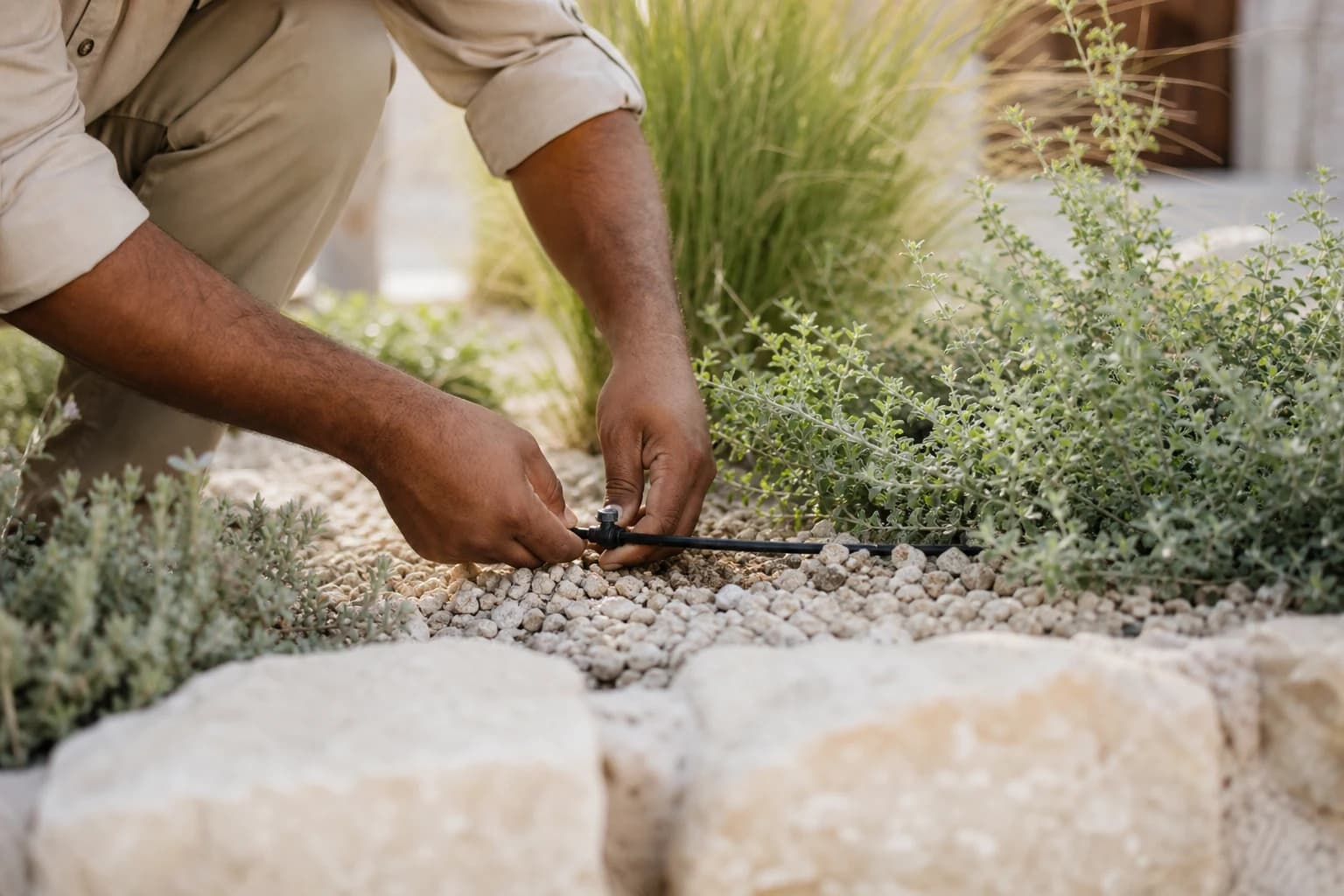 Gardener inspecting an irrigation line between established garden plants