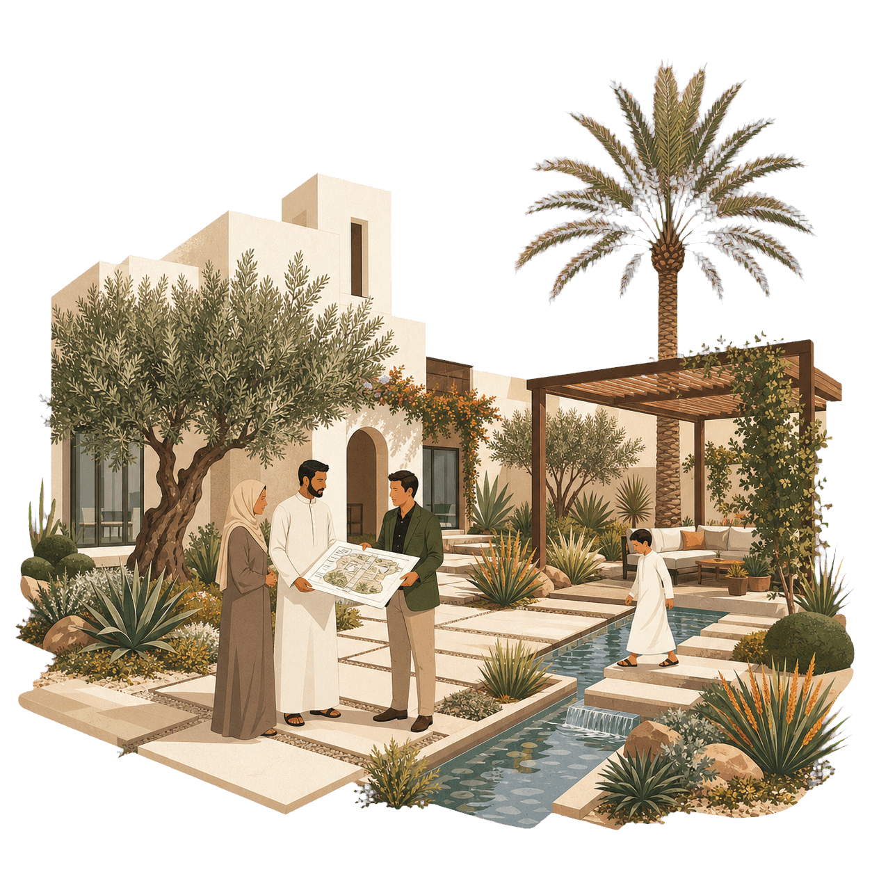 حديقة فيلا إماراتية مشرقة صُممت بنباتات ملائمة للمناخ والمياه والتظليل