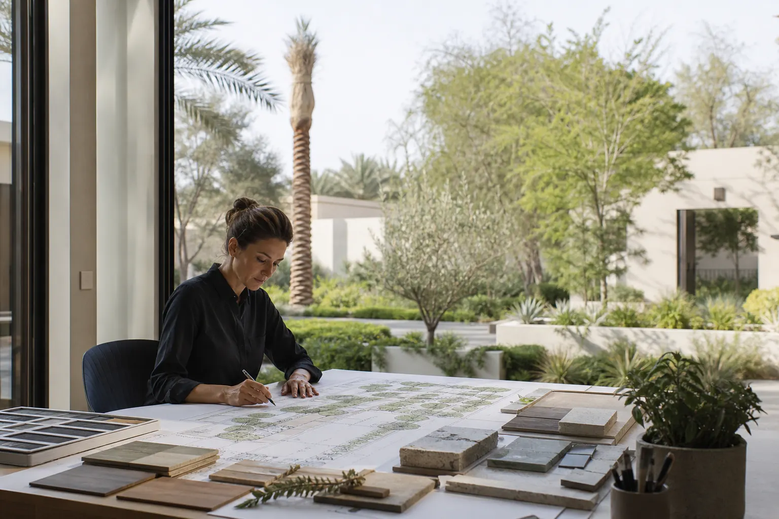 مهندس مناظر طبيعية يراجع مخطط حديقة بجوار فناء مزروع لفيلا إماراتية.