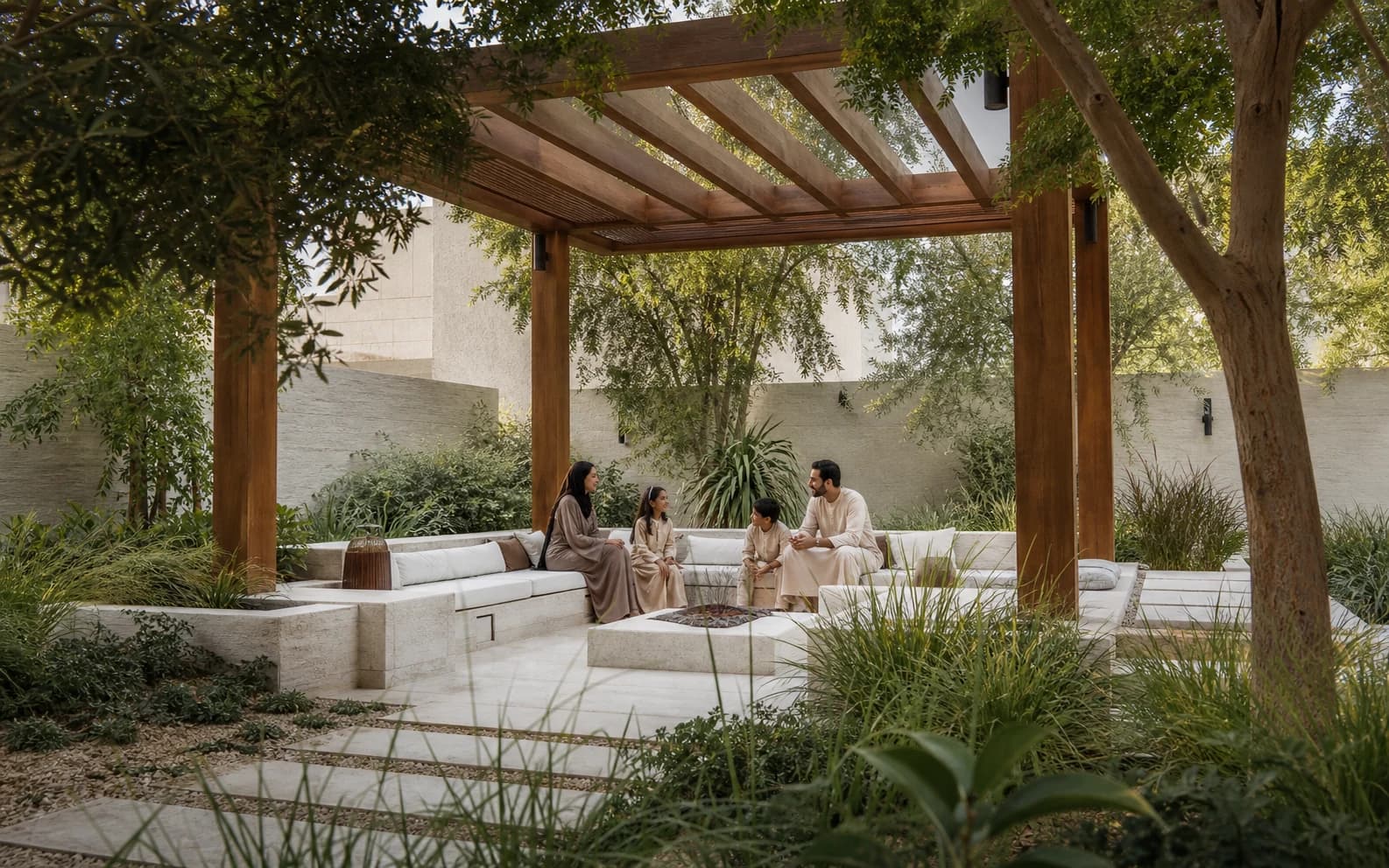 Family sharing an outdoor garden room beneath a shaded timber canopy