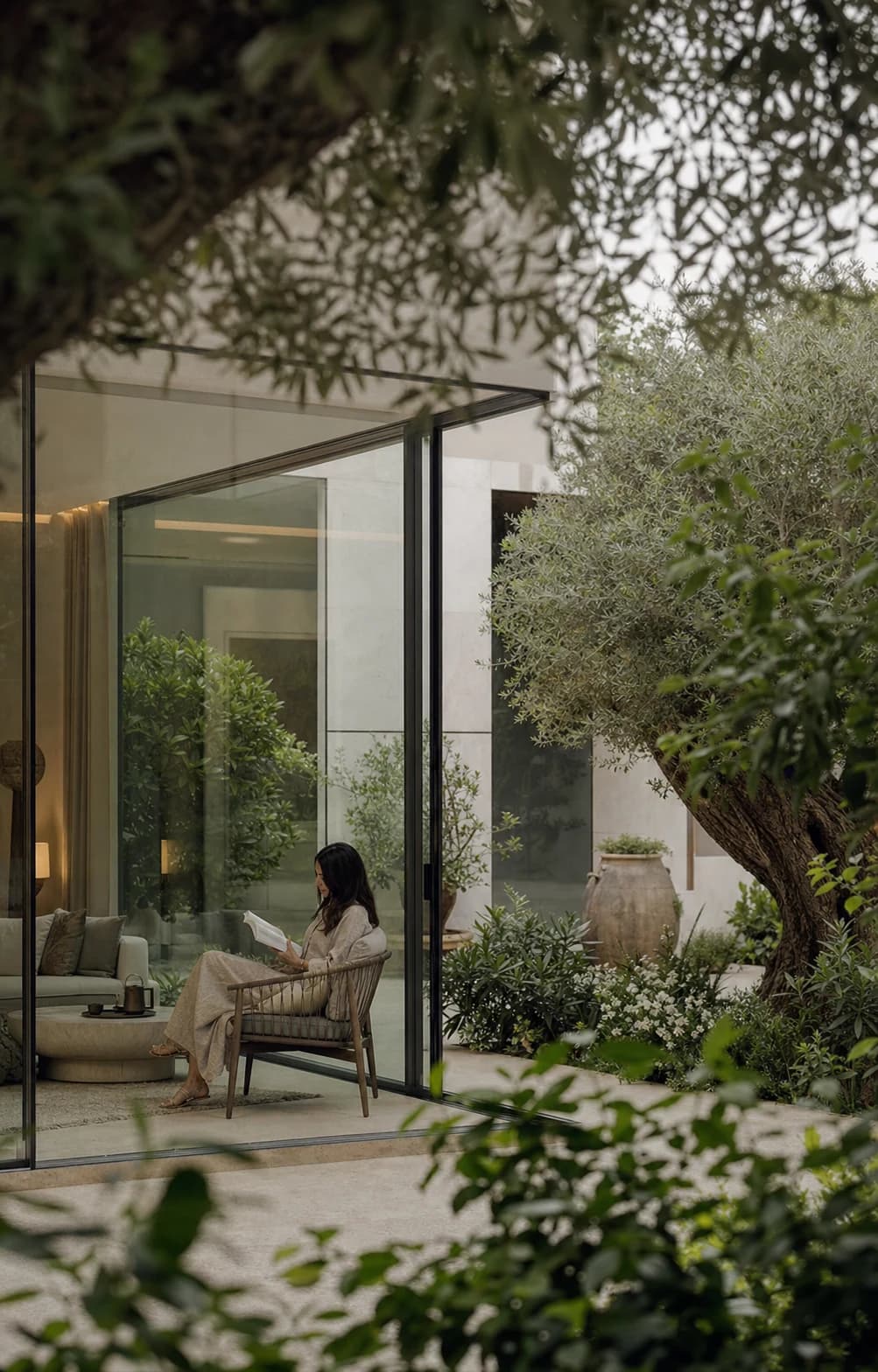 Glass garden room framed by layered planting and warm natural materials