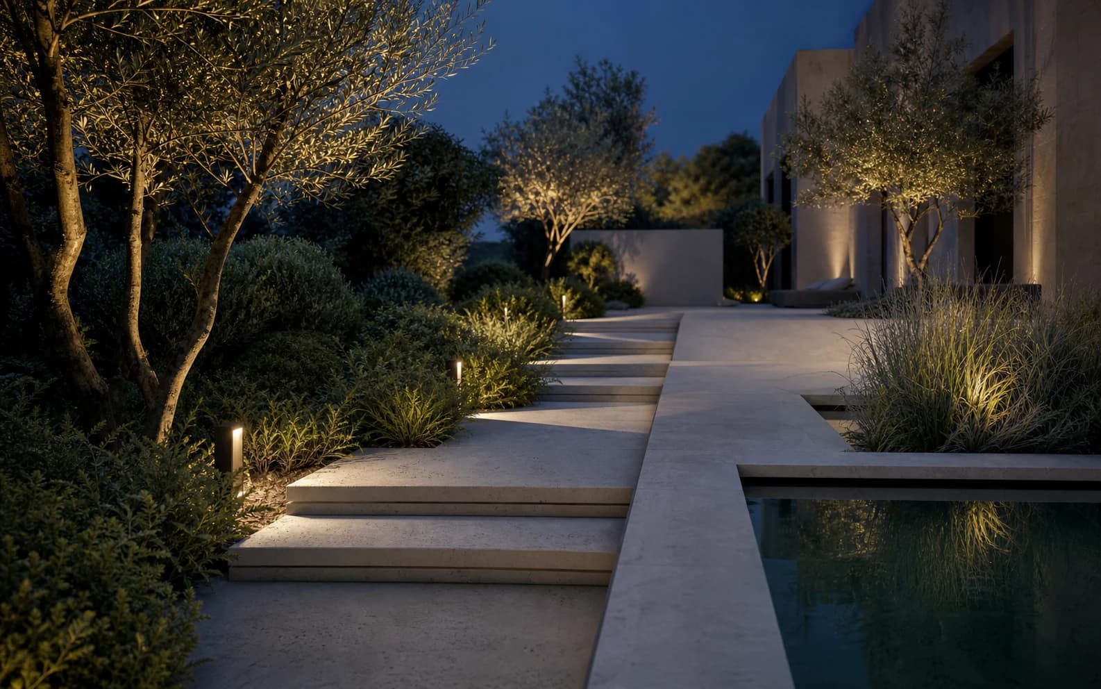 Layered trees and pathways revealed by measured garden lighting at night