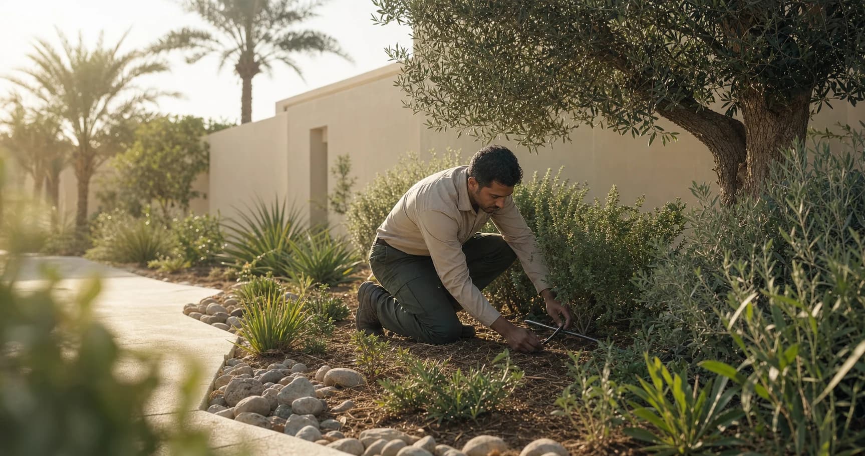 Landscape technician inspecting irrigation and established planting beneath an olive tree in a UAE villa garden