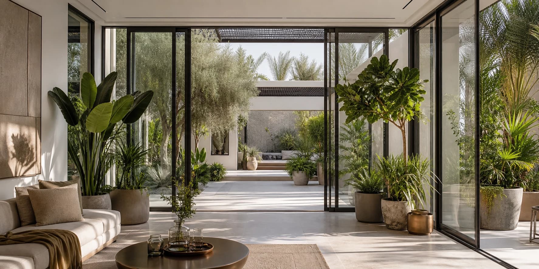 Sunlit UAE living room with large potted plants opening onto a planted courtyard